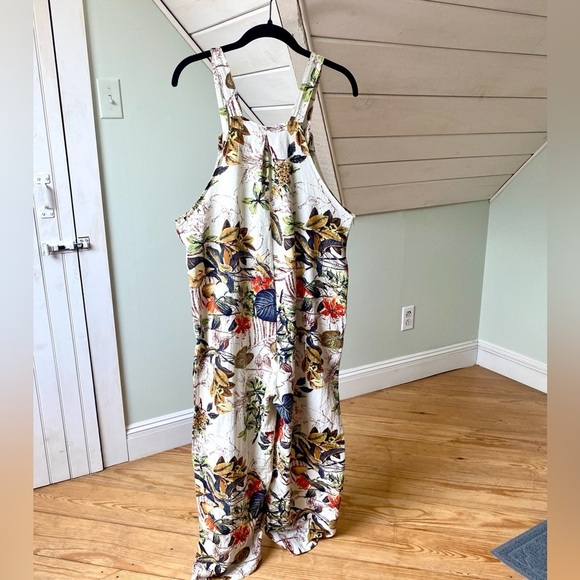 Cotton Blend Floral Plant Foliage Overalls Medium Button Straps Side Zipper - Picture 7 of 13